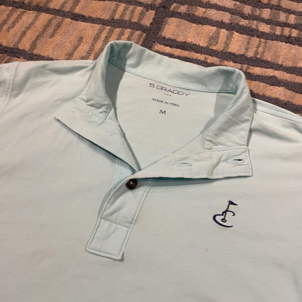 B. Draddy Polo Shirt Mens M Light Blue Jersey Knit Golf Logo Long Sleeve